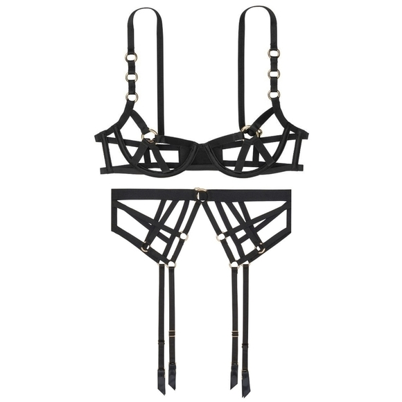 VICTORIA'S SECRET Black Strappy Harness Super Sexy Bra & Garther Belt 2 Pc Set - Picture 2 of 11